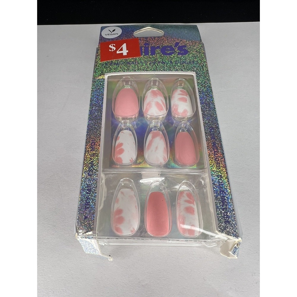 24pc Claire's Fake False Press On Nails Glue On Vegan Pink White Coffin